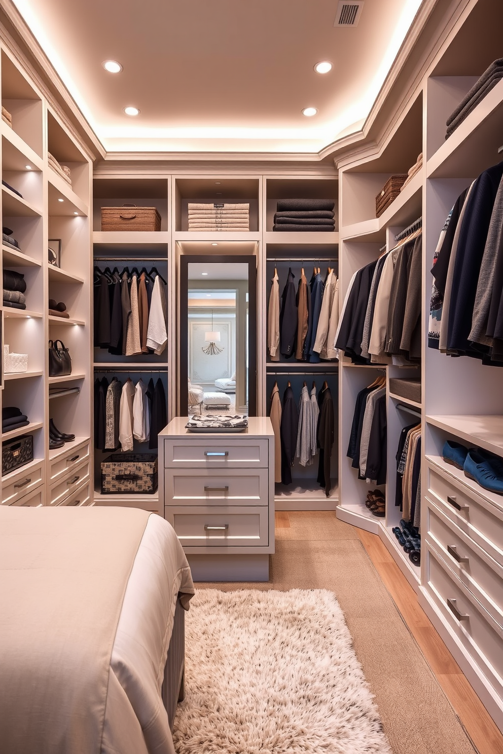 A spacious master bedroom walk-in closet featuring custom shelving and hanging spaces for seasonal clothing. The design includes a central island with drawers for accessories and a full-length mirror, all illuminated by soft, ambient lighting. The closet is organized with designated sections for winter and summer clothing, ensuring easy access and visibility. Neutral tones and elegant finishes create a luxurious atmosphere, complemented by a plush area rug underfoot.