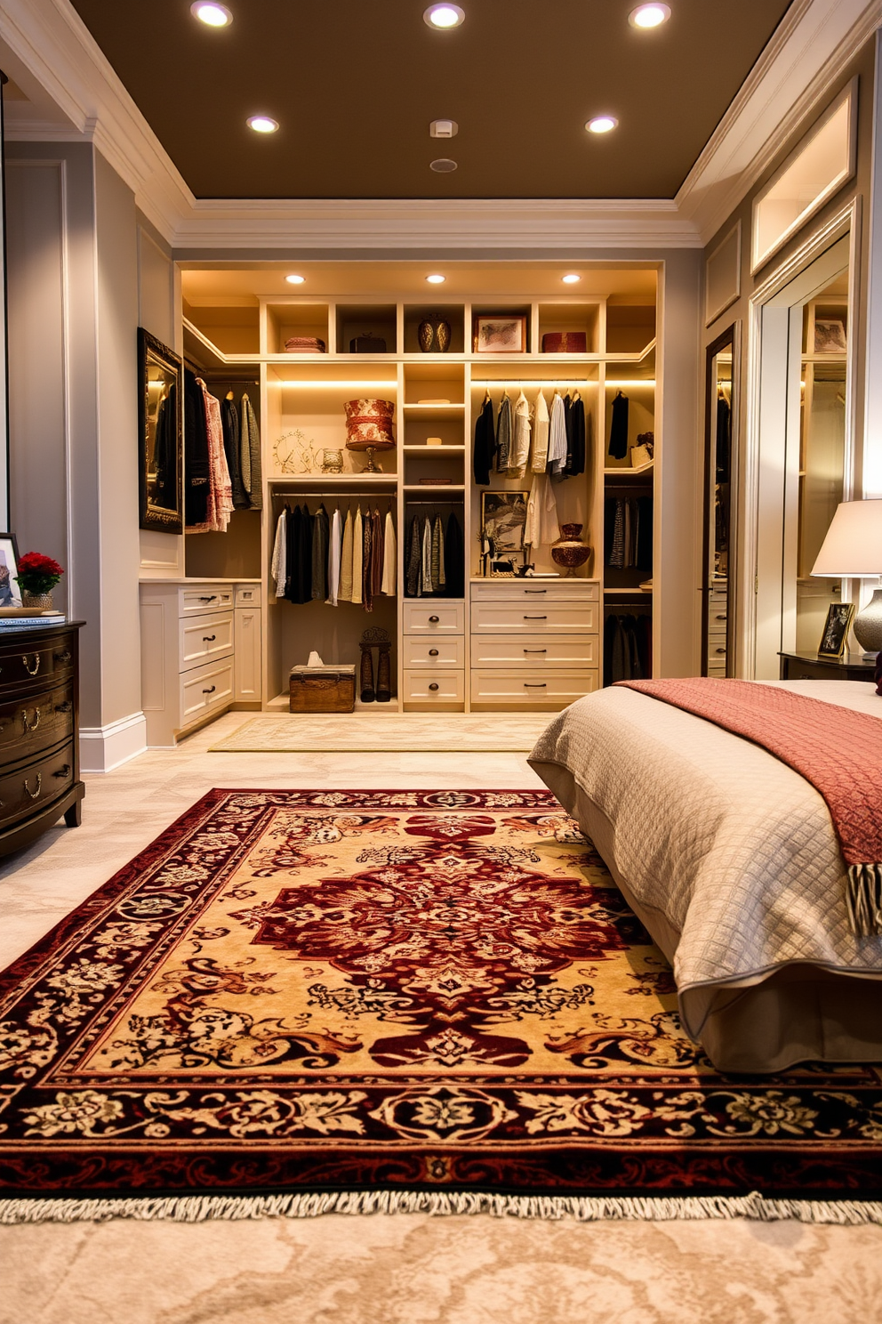 An elegant rug with intricate patterns and soft textures lies at the center of a spacious master bedroom. The color palette of the rug complements the surrounding decor, adding warmth and comfort to the space. The walk-in closet features custom shelving and hanging space, designed for optimal organization and accessibility. Soft lighting illuminates the area, highlighting the luxurious finishes and providing a welcoming atmosphere.