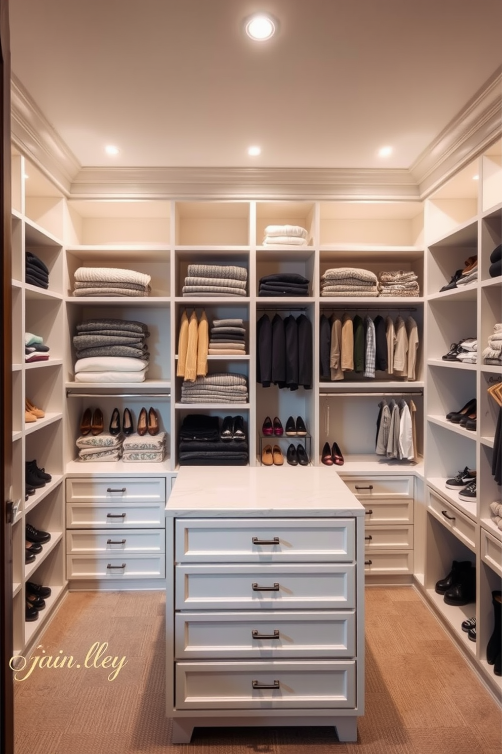 Open shelving for easy access in a master bedroom walk-in closet. The shelves are organized with neatly folded sweaters and stacked shoes, creating a visually appealing display. A central island with drawers provides additional storage for accessories and jewelry. Soft lighting illuminates the space, highlighting the elegant design and making it inviting.