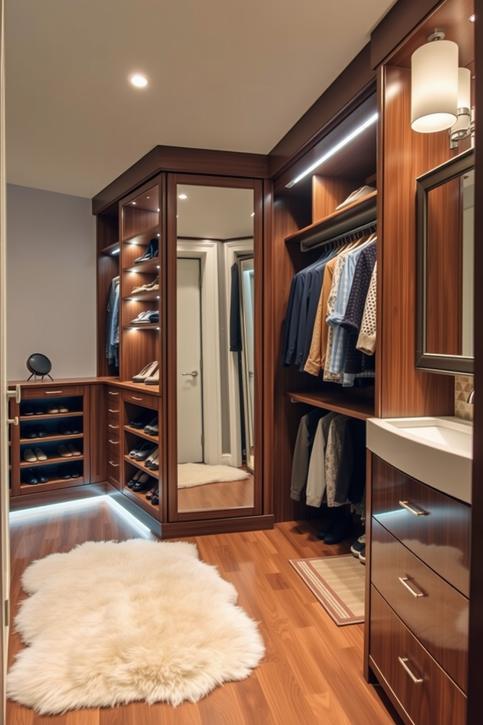 A luxurious walk-in closet connected to the master bathroom features custom cabinetry in a rich walnut finish. Soft LED lighting illuminates the space, highlighting a plush area rug that complements the elegant decor. The closet includes a dedicated shoe display and ample hanging space for clothing, organized by season. A full-length mirror is situated near the entrance, adding functionality and a touch of sophistication to the design.