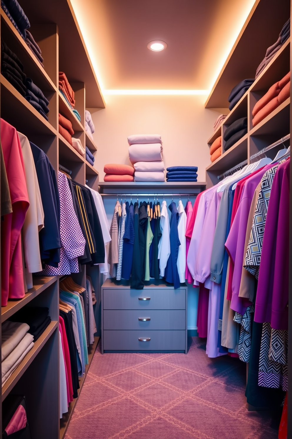 A stylish master bedroom walk-in closet features a color-coordinated clothing display that showcases an array of garments in harmonious hues. Shelves and hanging rods are thoughtfully arranged to create an organized and visually appealing space, with accent lighting highlighting the clothing collection.