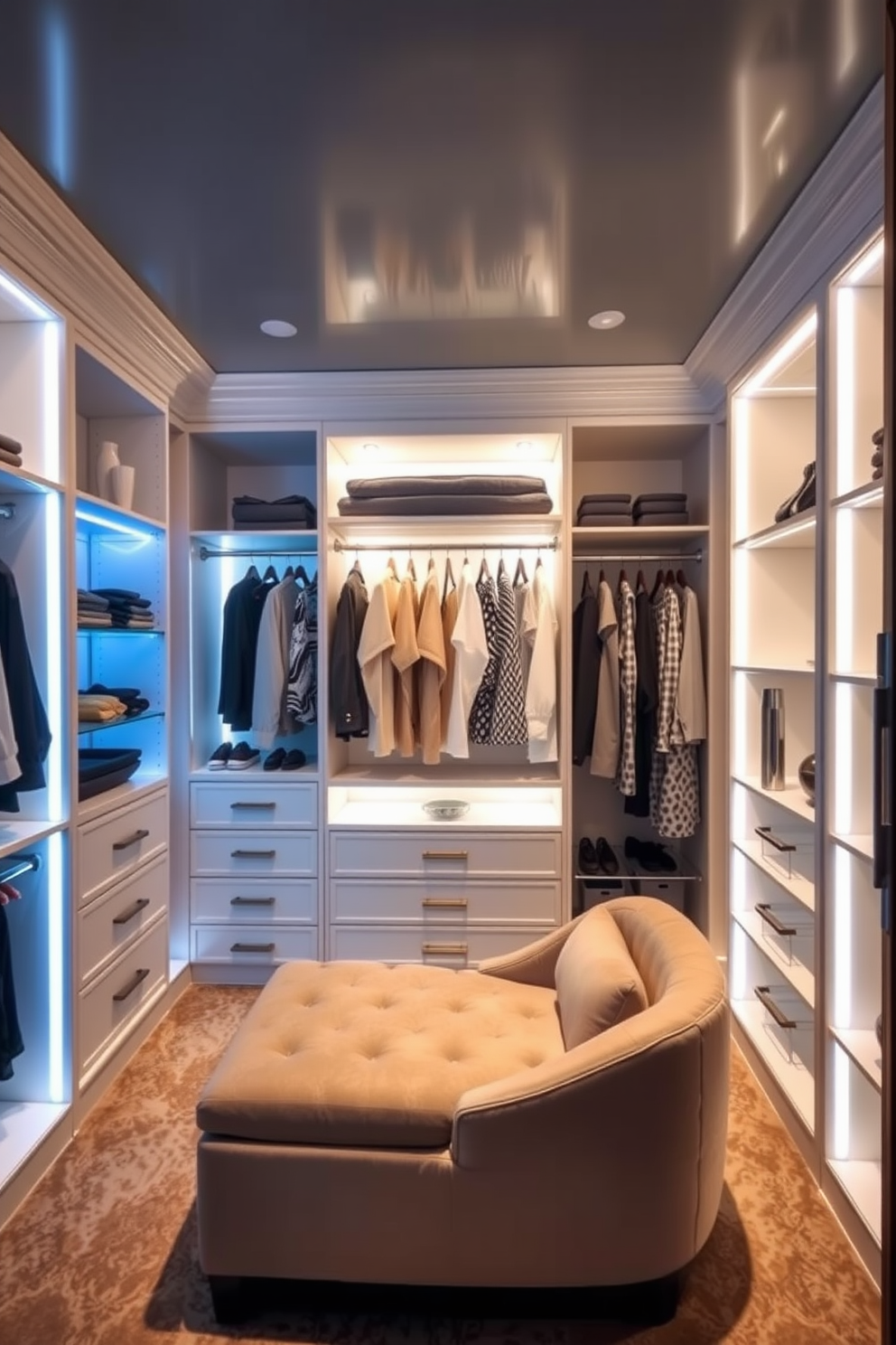 A luxurious master bedroom walk-in closet featuring built-in lighting that illuminates the space. The closet is designed with custom shelving, elegant hanging racks, and a plush seating area for comfort.