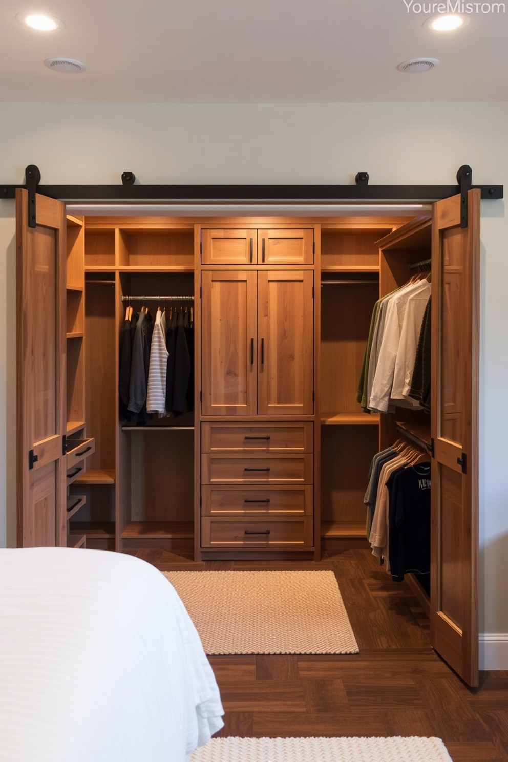 A master bedroom walk-in closet featuring sliding barn doors that add rustic charm. The space includes custom shelving and hanging areas with warm wood finishes and soft ambient lighting.