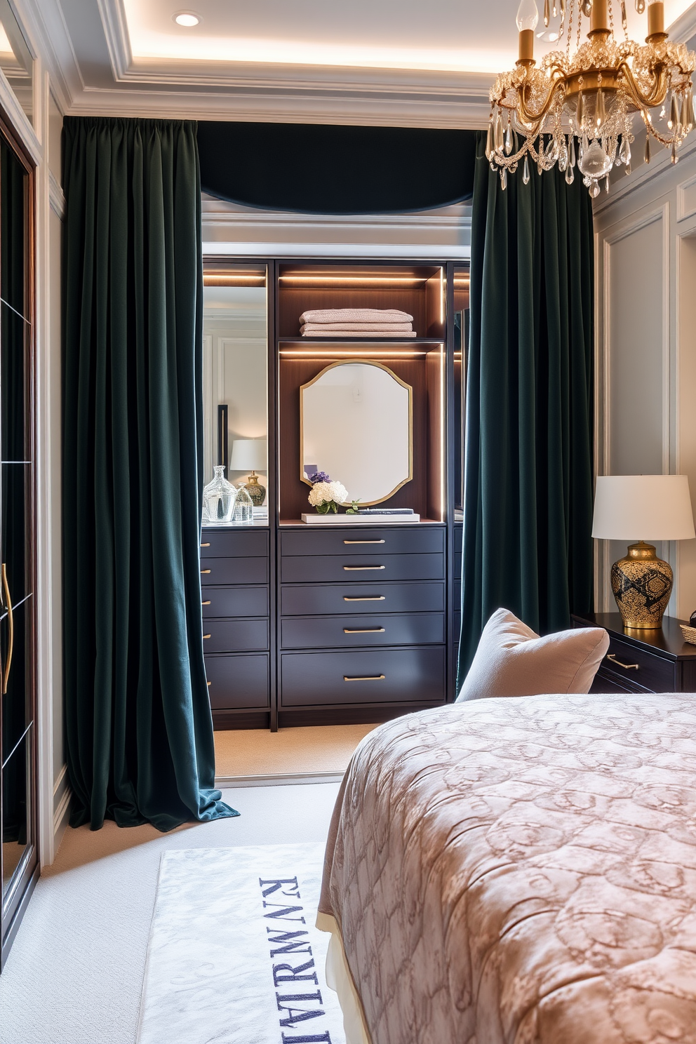 A master bedroom walk-in closet featuring luxe velvet curtains that add a touch of softness and elegance. The space is designed with custom shelving and a plush seating area, creating a perfect blend of functionality and luxury.