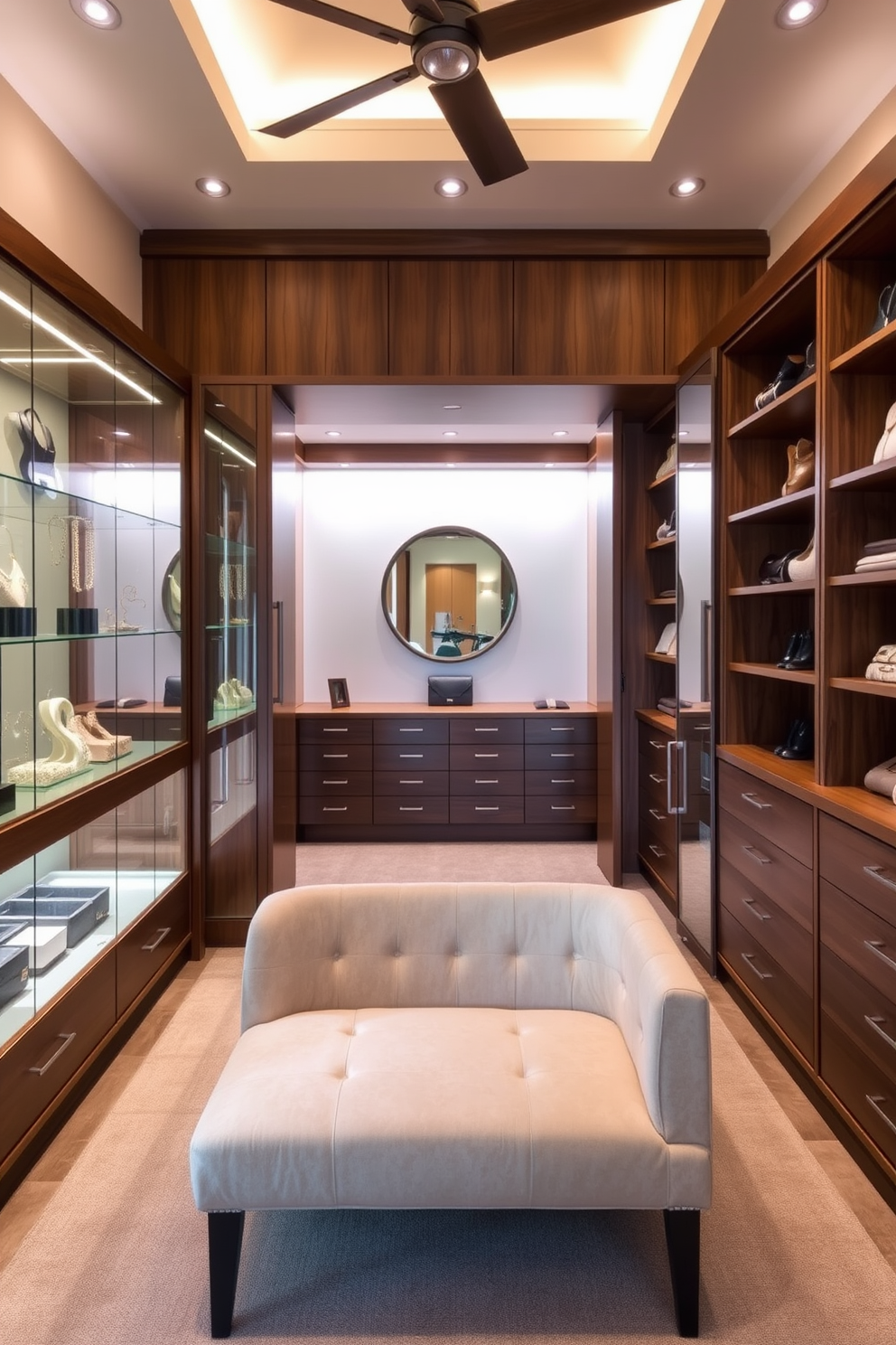 A luxurious master bedroom walk-in closet featuring glass display cases for accessories. The cases are elegantly arranged along one wall, showcasing a variety of jewelry and handbags against a soft ambient light. The closet is spacious with custom shelving and a plush seating area in the center. Rich wood finishes and a neutral color palette create a sophisticated and inviting atmosphere.