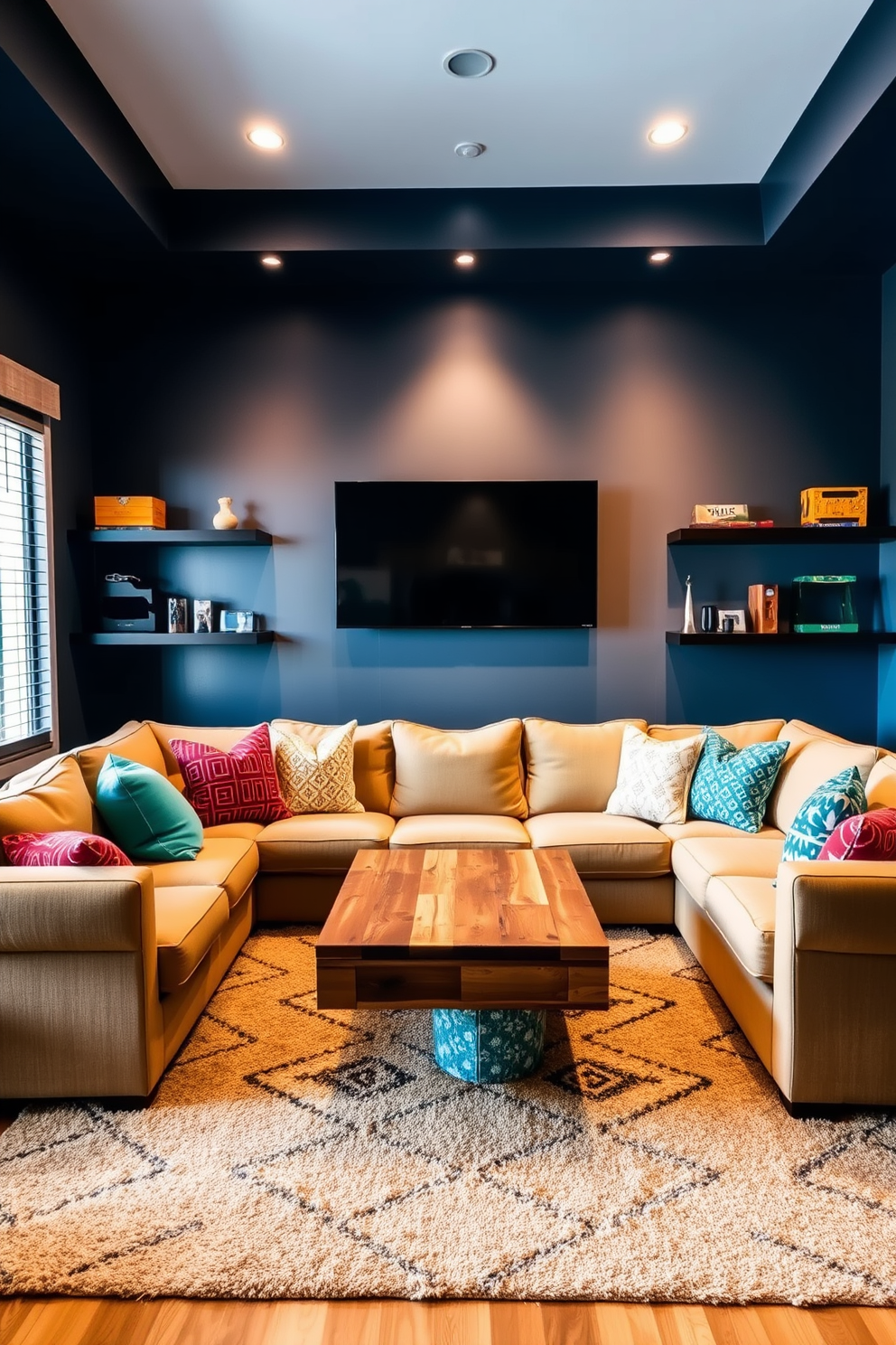 Cozy sectional sofa in a warm neutral fabric, positioned in front of a large flat-screen TV mounted on the wall. The room features a soft area rug underfoot, with a coffee table made of reclaimed wood at the center, surrounded by colorful throw pillows. Walls are painted in a deep navy blue, creating an inviting atmosphere, while dimmable recessed lighting enhances the cozy feel. Shelves on either side of the TV display games and decorative items, adding personality to the space.