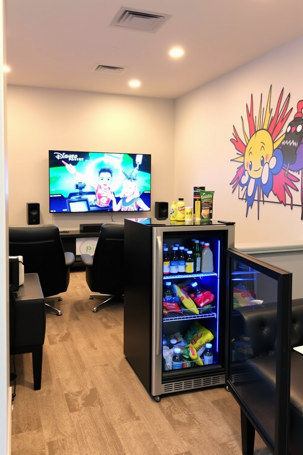 A stylish media game room featuring a sleek mini fridge stocked with snacks and drinks. The room is designed with comfortable seating, a large screen for gaming, and vibrant wall art that reflects a fun and energetic atmosphere.