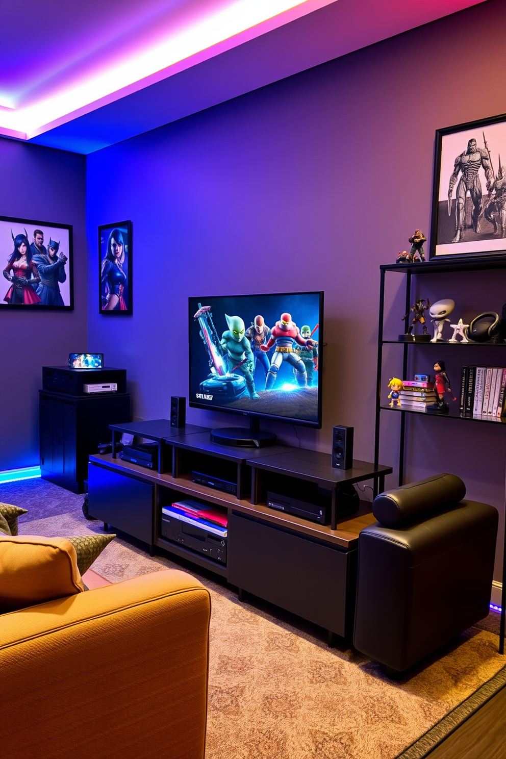 A stylish game room featuring a sleek media console displaying various gaming consoles and accessories. The walls are adorned with framed art featuring iconic video game characters, and ambient LED lighting creates a vibrant atmosphere. Comfortable seating is arranged around a large screen for an immersive gaming experience. Decorative shelves hold collectible figurines and books, adding personality to the space.