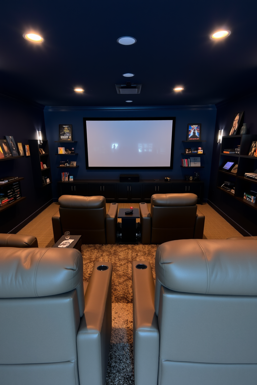 Comfortable recliners arranged in a cozy media game room create the perfect atmosphere for movie nights. The walls are painted in a deep navy blue, and a large screen is mounted opposite the seating for an immersive viewing experience. Soft lighting fixtures are strategically placed to enhance the ambiance, while a plush area rug adds warmth to the space. Shelves filled with games and movie memorabilia line the walls, showcasing personal touches and entertainment options.