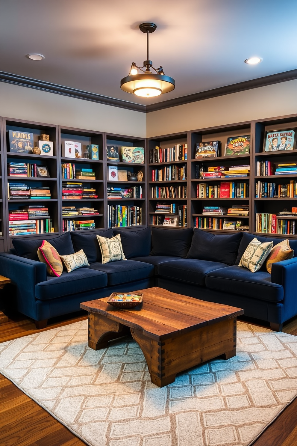 A cozy board game corner features a large, plush sectional sofa in a deep navy blue fabric. Surrounding the space, custom-built shelves are filled with an array of colorful board games and books, creating an inviting atmosphere. The room is illuminated by warm pendant lights that hang above a rustic wooden coffee table. A soft area rug in a geometric pattern anchors the space, providing comfort and style for game nights with family and friends.