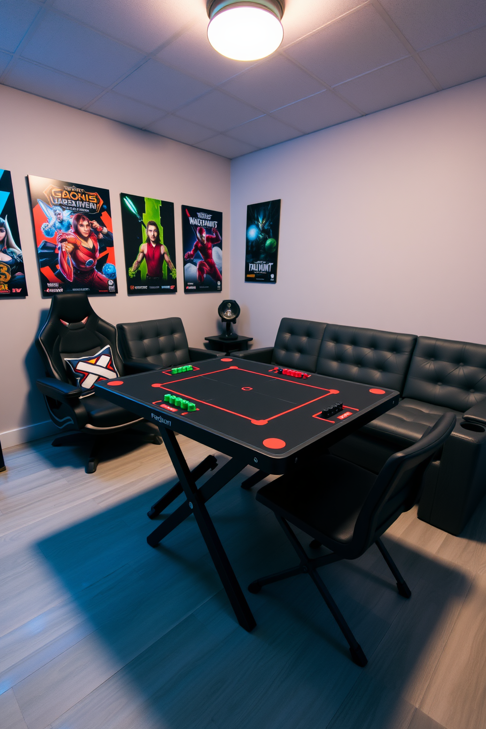 A modern game room featuring a folding table designed for versatile gameplay. The room is adorned with colorful gaming posters, comfortable seating, and ambient lighting that enhances the gaming experience.