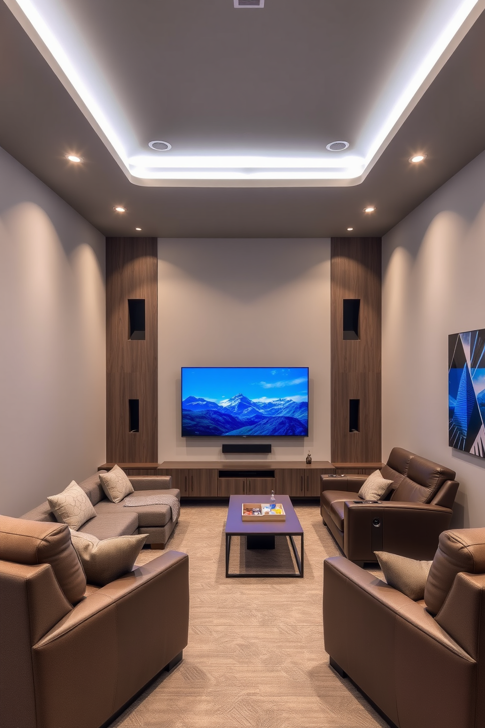 A modern media game room featuring smart home technology for convenience. The room includes a large flat-screen TV mounted on the wall, with a surround sound system integrated into the ceiling. Comfortable seating in the form of plush sofas and recliners is arranged for optimal viewing. Smart lighting controls allow for customizable ambiance, while a sleek coffee table holds snacks and drinks.