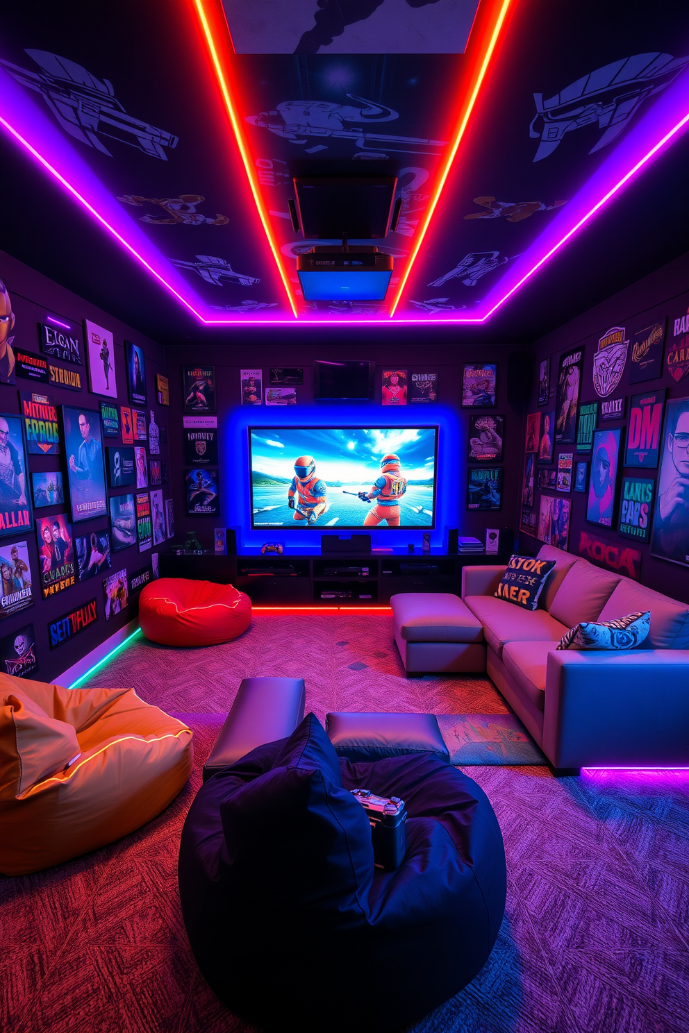 A vibrant media game room designed for ultimate entertainment. The walls are adorned with artwork and memorabilia from favorite video games, creating an immersive atmosphere. Comfortable seating arrangements include a large sectional sofa and bean bags, perfect for gaming sessions with friends. A sleek entertainment center houses the latest gaming consoles and a large flat-screen TV, surrounded by ambient LED lighting for a dynamic feel.