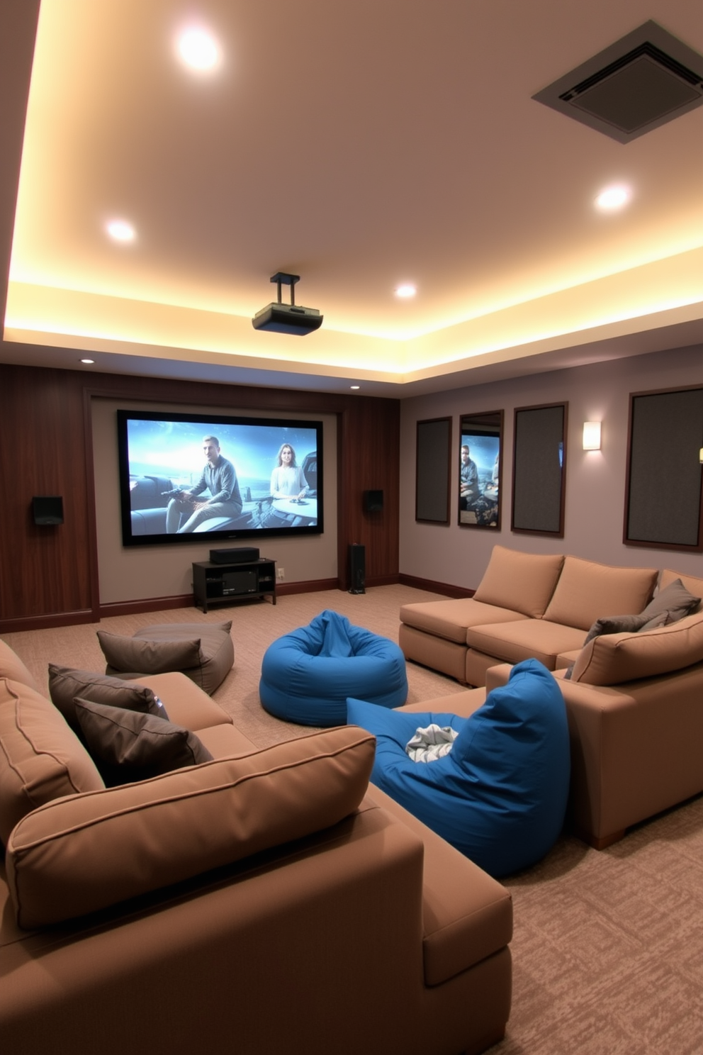 A spacious media game room featuring a large projection screen mounted on the wall. Comfortable seating arrangements include plush sectional sofas and bean bags, creating an inviting atmosphere for movie nights and gaming sessions.