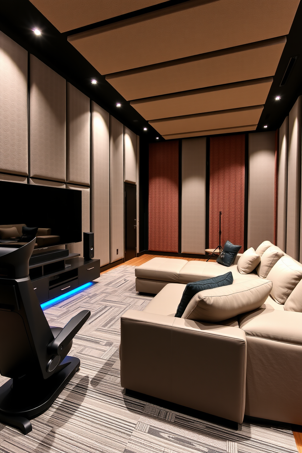 A modern media game room featuring sleek acoustic panels on the walls for optimal soundproofing. The room includes a large sectional sofa, a state-of-the-art gaming console, and a big screen TV mounted above a stylish entertainment unit.