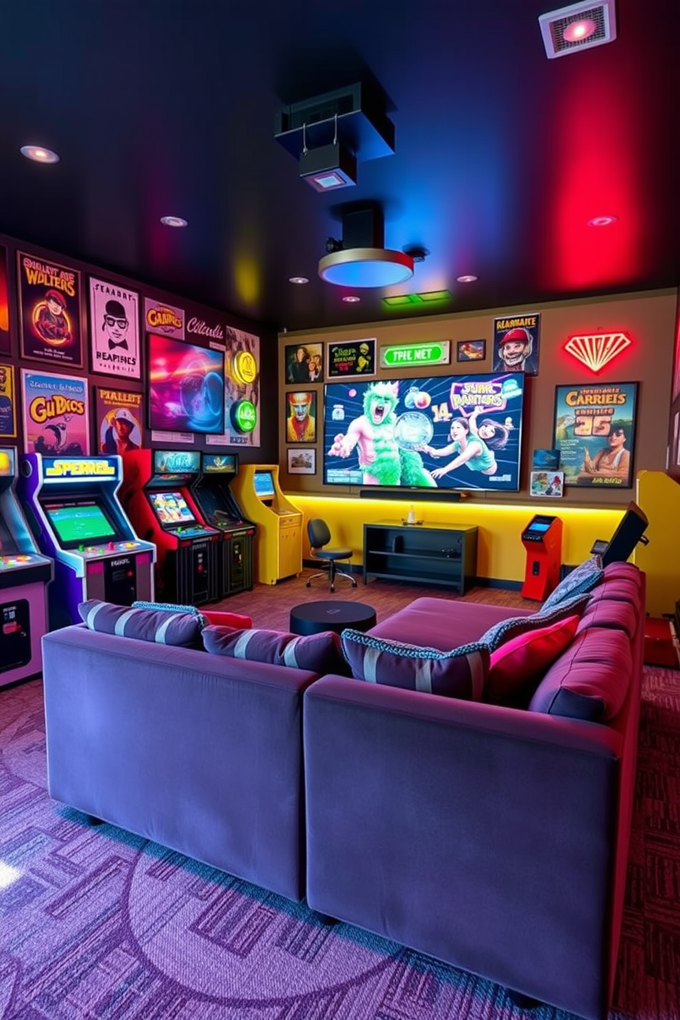 A vibrant media game room filled with vintage arcade games that evoke nostalgia. The walls are adorned with retro posters and neon signs, while a plush sectional sofa faces a large screen for movie nights.