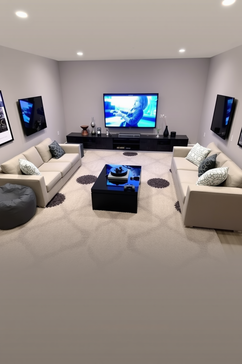 A stylish media game room features a large plush area rug that anchors the seating arrangement, creating a cozy atmosphere. The rug is a bold geometric pattern that complements the modern furniture and enhances the overall aesthetic of the space. The room includes a sleek entertainment center with a large flat-screen TV mounted on the wall. Surrounding the entertainment area are comfortable sectional sofas and bean bags, all arranged to facilitate social interaction and gaming enjoyment.