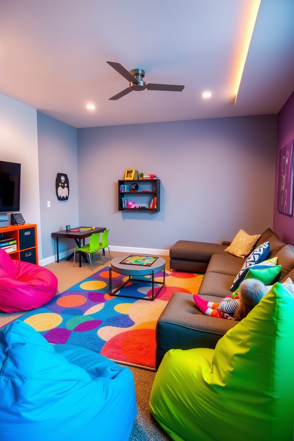 A vibrant media game room designed for family enjoyment. The space features a large sectional sofa in a durable fabric, a wall-mounted flat-screen TV, and a colorful area rug that adds warmth and playfulness. In one corner, there is a dedicated game zone with a table for board games and a shelf stocked with toys and games. Brightly colored bean bags are scattered around, creating inviting spots for kids to relax and enjoy their favorite activities.