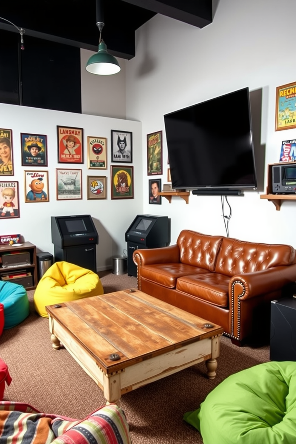 A cozy media game room featuring retro furniture that evokes a vintage vibe. The space includes a classic leather sofa, a wooden coffee table with a distressed finish, and colorful bean bags scattered around for seating. The walls are adorned with vintage posters and framed memorabilia, creating an inviting atmosphere. A large screen is mounted on one wall, complemented by a retro gaming console and shelves filled with classic board games.