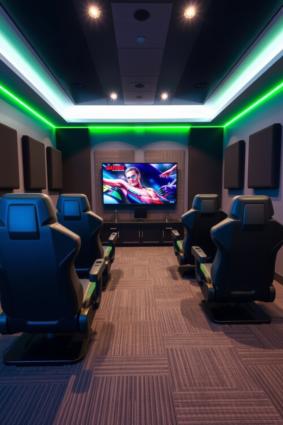 A modern media game room featuring ergonomic gaming chairs designed for optimal comfort. The room is equipped with a large flat-screen TV mounted on the wall, surrounded by soundproof panels for an immersive experience.