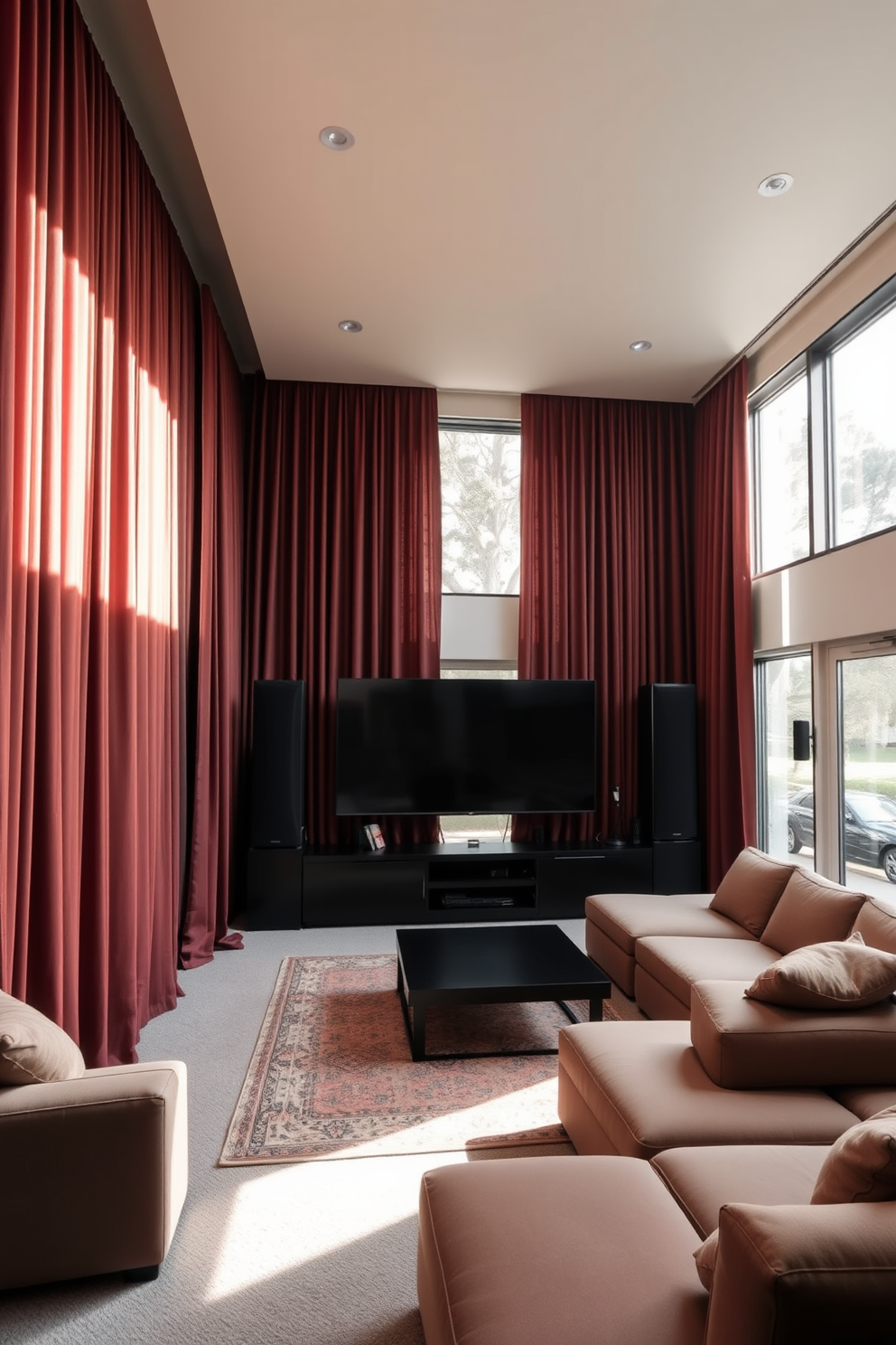 A spacious media game room filled with natural light streaming through large windows. Blackout curtains in a rich fabric can be drawn to create a cozy atmosphere for movie nights. The room features a plush sectional sofa arranged around a sleek coffee table. A large flat-screen TV is mounted on the wall, complemented by soundproofing panels for optimal audio experience.