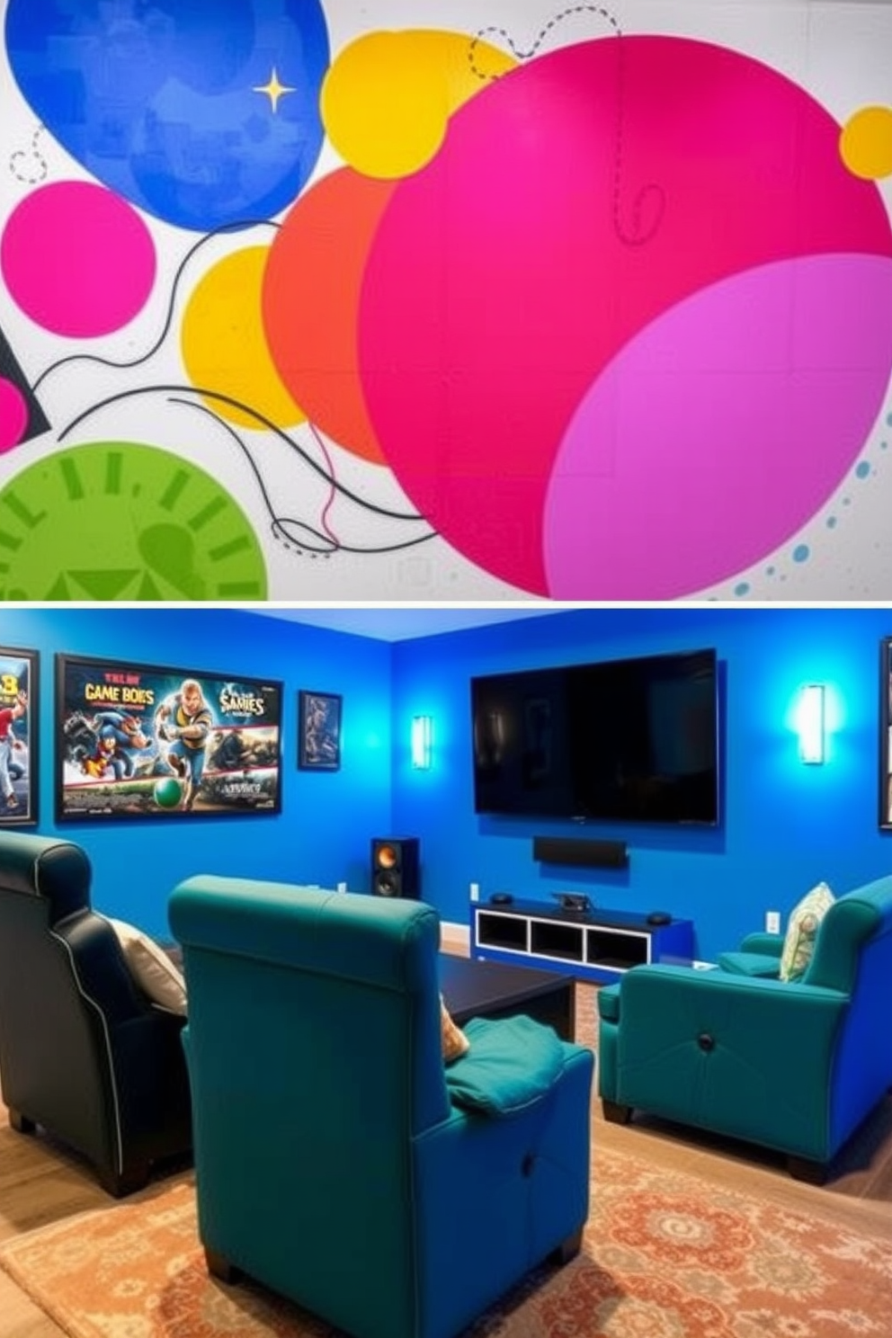 Creative wall murals for personality. Imagine a vibrant mural featuring abstract shapes and bold colors that reflect the owner's unique style and interests. Media game room design ideas. Picture a cozy space with plush seating, a large screen for gaming, and walls adorned with posters of classic video games and movies.