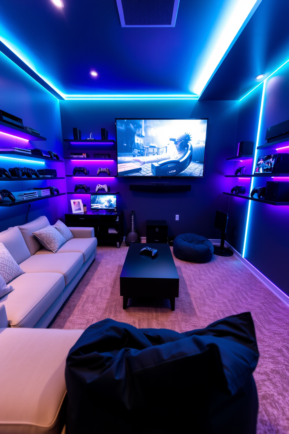 A modern media game room featuring portable game stations for flexibility. The room includes a large sectional sofa with plush cushions and a sleek coffee table in the center. Wall-mounted shelves display an array of gaming consoles and accessories, while ambient LED lighting creates a vibrant atmosphere. A large screen is positioned for optimal viewing, and bean bags are scattered around for additional seating.