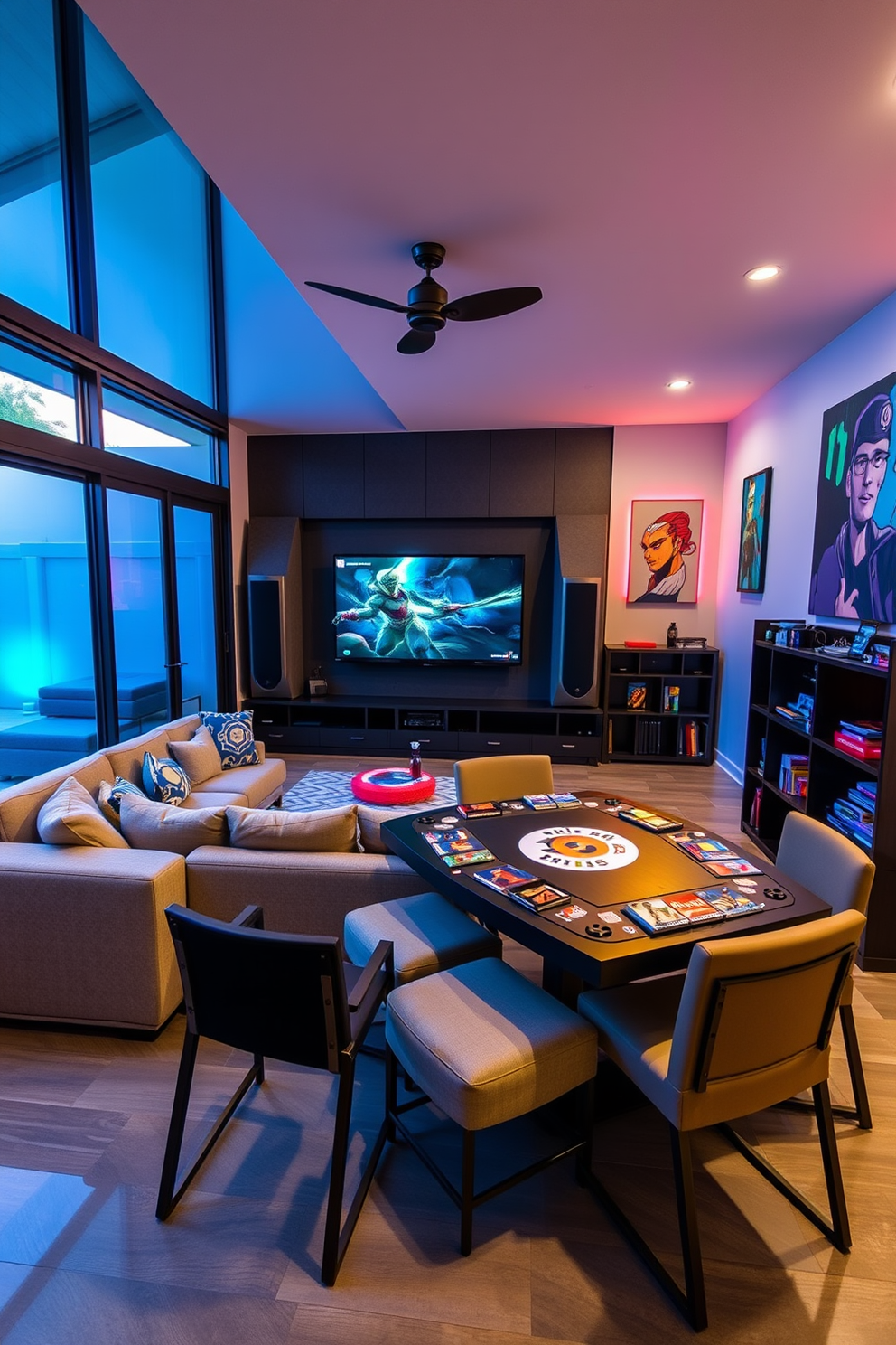 A modern media game room featuring large windows that open to an outdoor patio, allowing fresh air to flow in. The room is equipped with a plush sectional sofa facing a large flat-screen TV mounted on the wall, surrounded by soundproof panels for an immersive gaming experience. The decor includes vibrant artwork and neon lighting to create an energetic atmosphere. A stylish game table is positioned in the corner, complemented by comfortable seating and shelves filled with board games and gaming accessories.