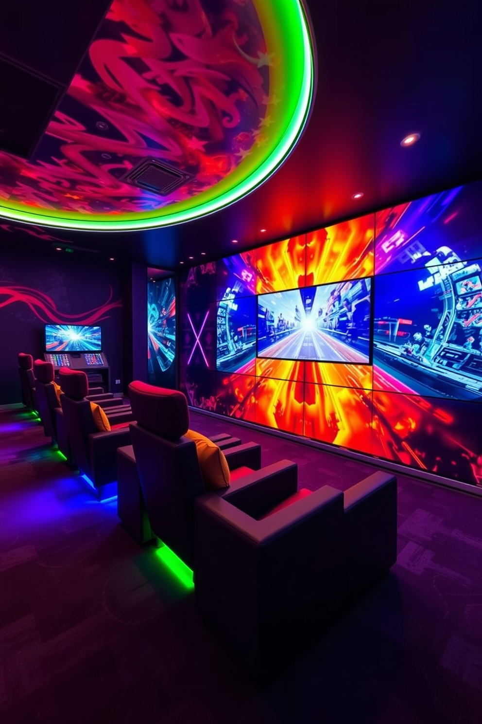 A vibrant game room featuring an interactive wall designed for immersive gaming experiences. The room is equipped with comfortable seating, colorful LED lighting, and a large screen displaying dynamic visuals.