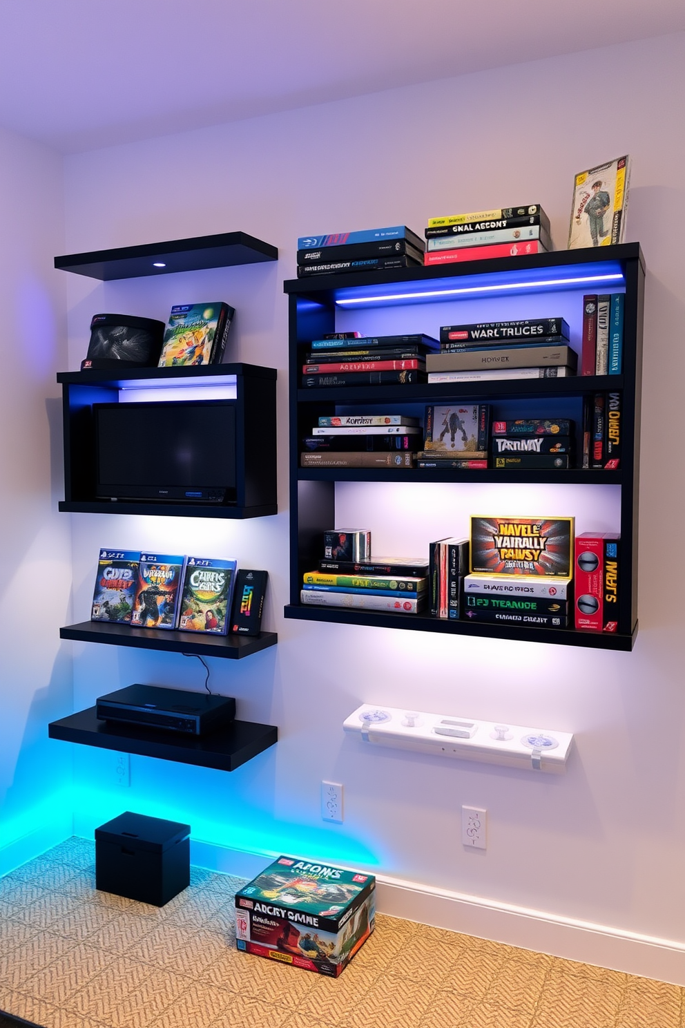 A modern game room featuring wall-mounted shelves designed for game storage. The shelves are made of sleek black wood, displaying an organized collection of video games and board games, with ambient lighting highlighting the display.