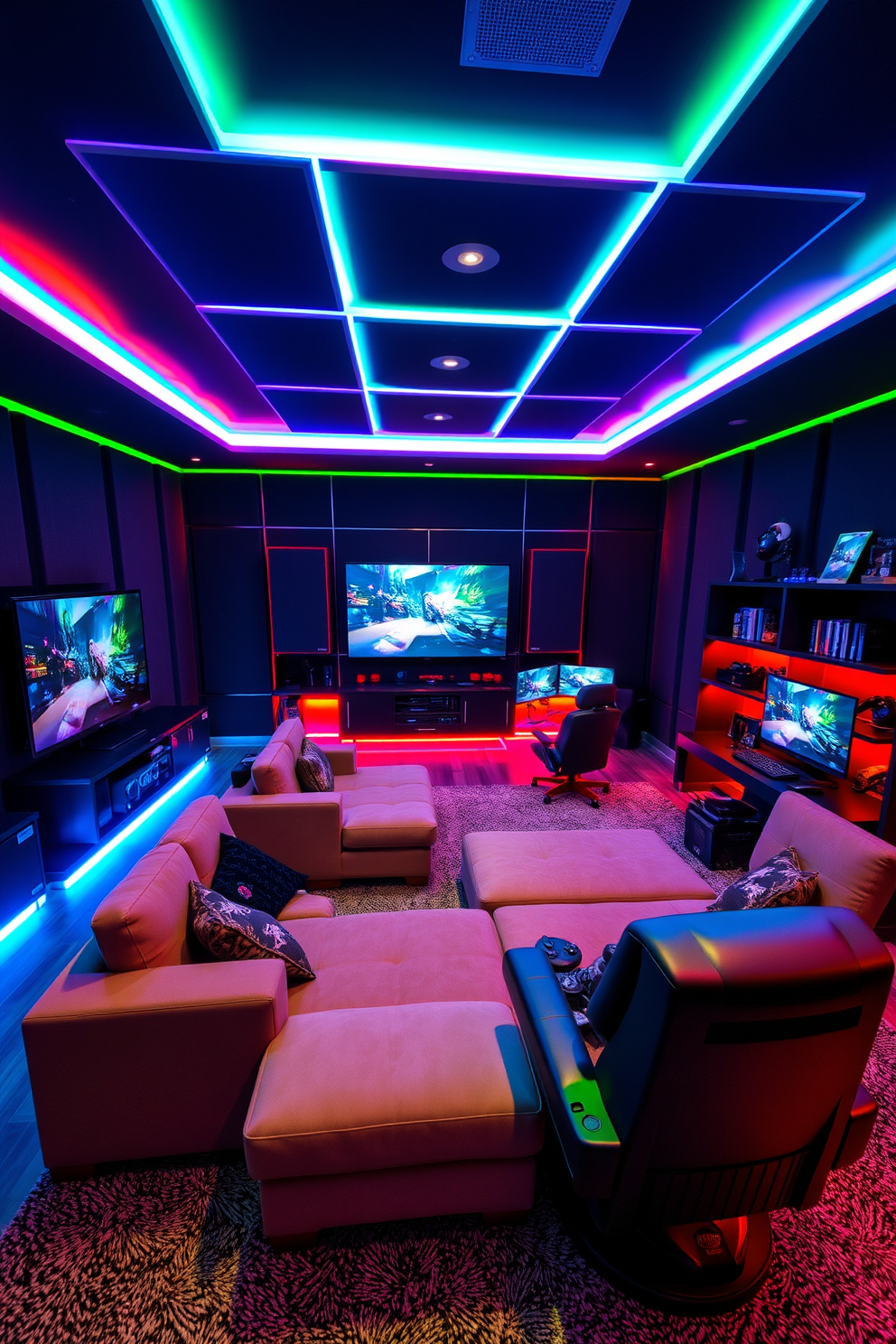 A vibrant media game room filled with colorful LED lighting that creates a lively atmosphere. The walls are adorned with dark acoustic panels, and a large sectional sofa faces a state-of-the-art entertainment system. In one corner, a sleek gaming console setup features multiple monitors and comfortable gaming chairs. The floor is covered with a plush area rug, and shelves are lined with collectibles and gaming memorabilia, enhancing the room's playful vibe.