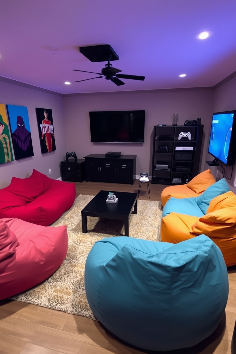 A cozy media game room featuring colorful bean bags arranged around a low coffee table. The walls are adorned with vibrant artwork and the floor is covered with a plush area rug for added comfort. A large screen is mounted on one wall, with gaming consoles and accessories neatly organized on shelves nearby. Soft ambient lighting creates a relaxed atmosphere, perfect for movie nights or game sessions with friends.