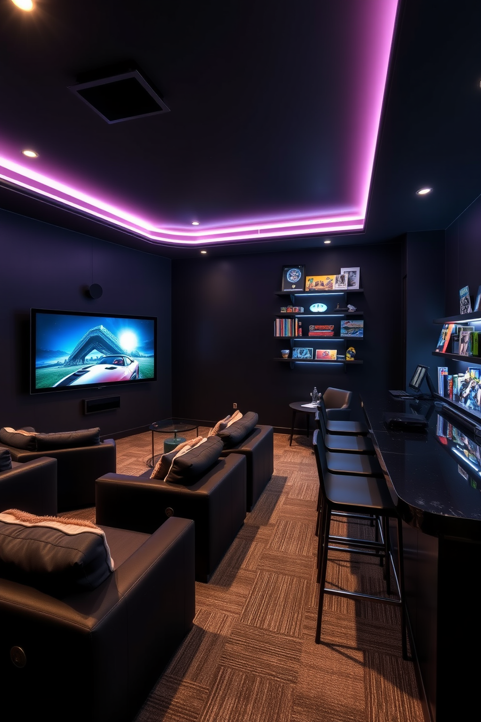 A media game room with dark walls creates a cinematic atmosphere. Plush seating is arranged around a large screen, with ambient lighting enhancing the dramatic effect. A sleek bar area features high stools and a stylish countertop, perfect for entertaining guests. Wall-mounted shelves display an impressive collection of games and memorabilia, adding personality to the space.