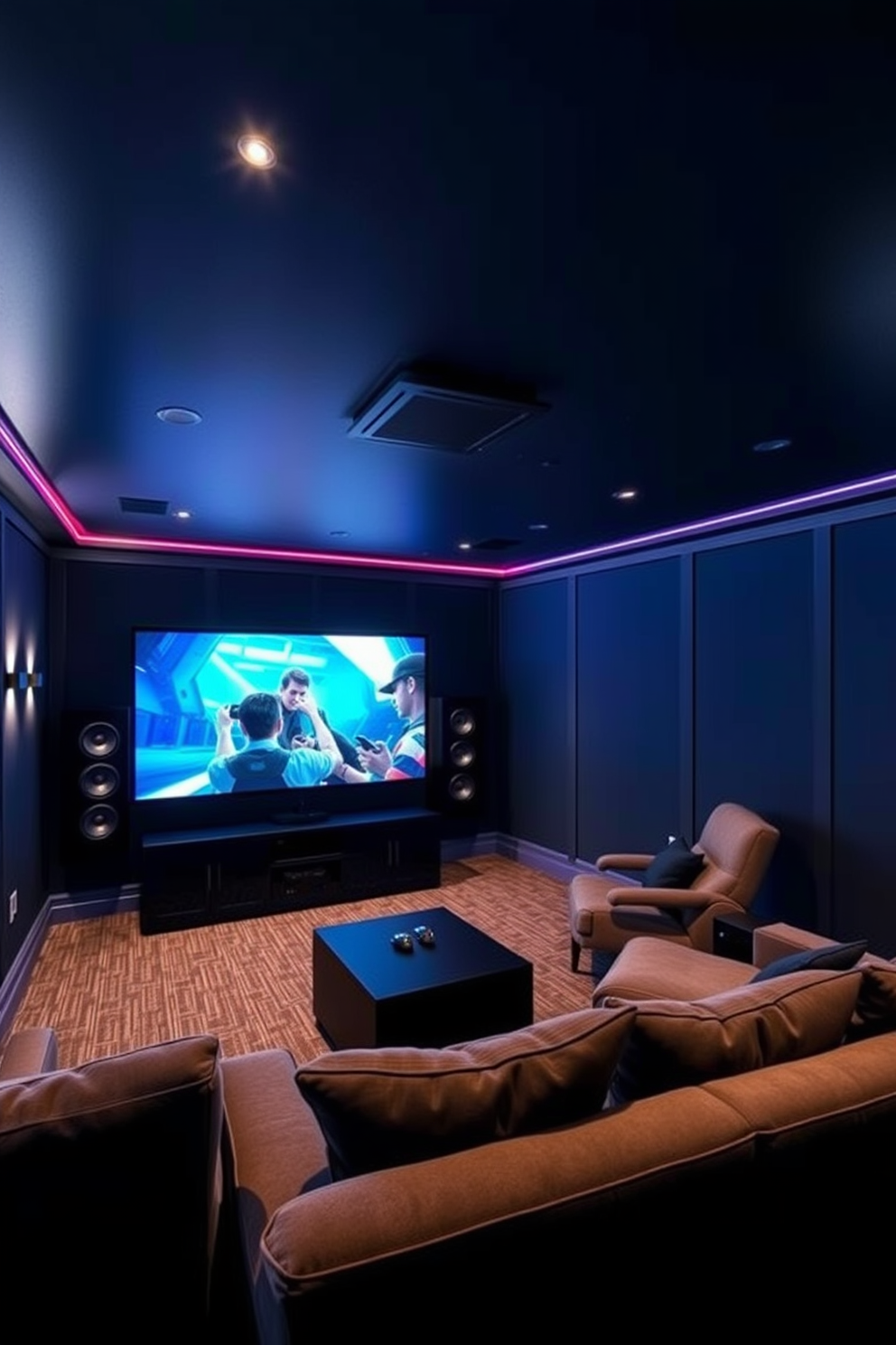 A modern game room featuring an integrated sound system for an immersive experience. The walls are painted in a deep navy blue, and plush seating surrounds a large screen for gaming and media viewing. The room includes built-in speakers seamlessly integrated into the ceiling and walls. Stylish LED lighting accents the space, creating a dynamic atmosphere for both gaming and movie nights.