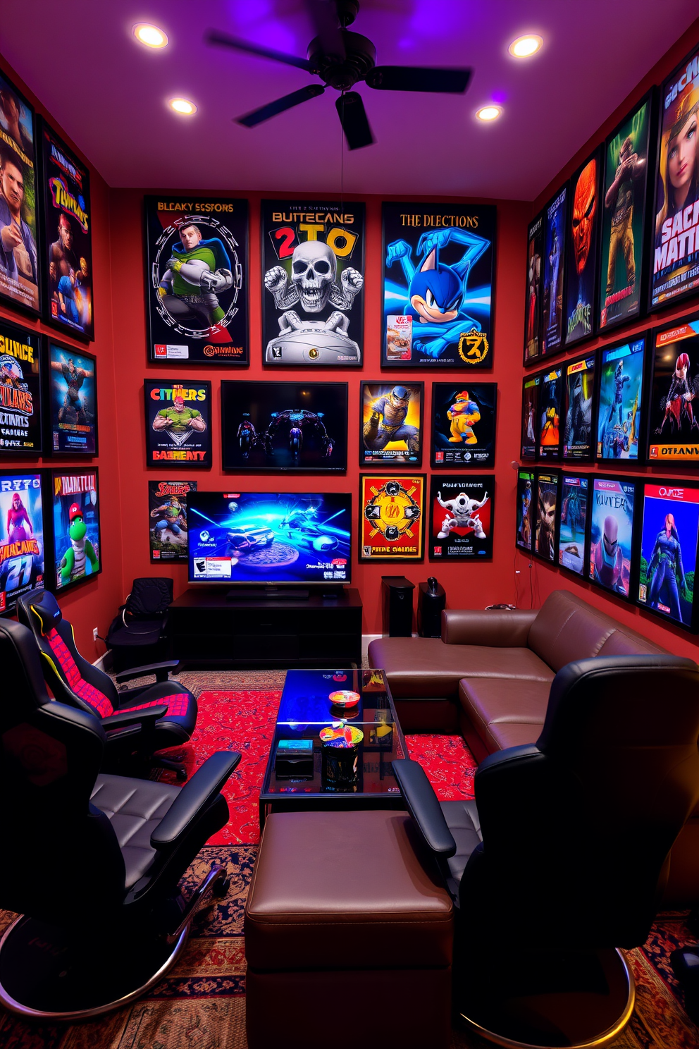 A vibrant game room filled with wall art that showcases various gaming themes. The walls are adorned with framed posters of iconic video games, creating an immersive atmosphere. Comfortable seating options include a sleek sectional sofa and gaming chairs arranged around a large flat-screen TV. The space features ambient lighting and a stylish coffee table, perfect for snacks during gaming sessions.