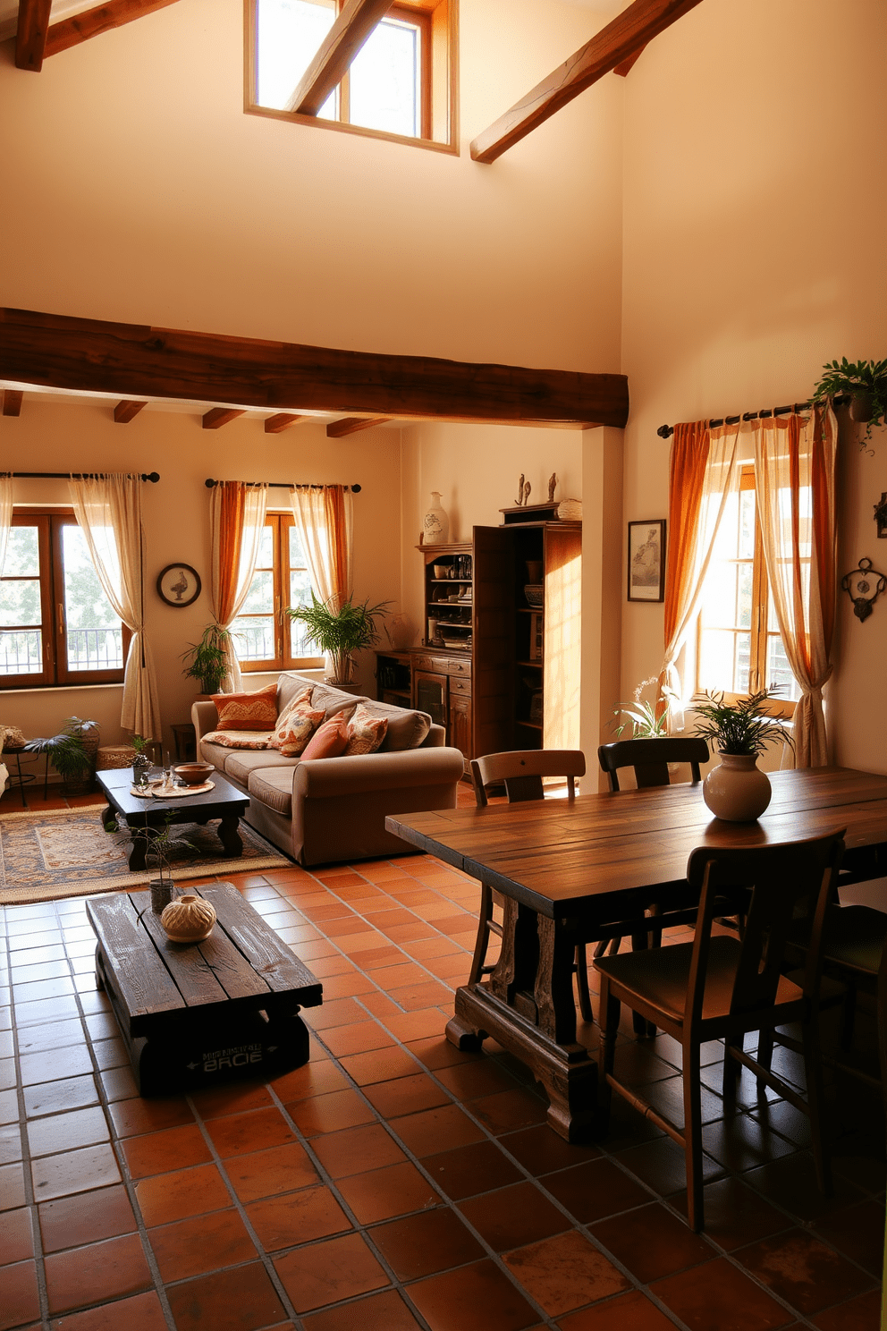 A cozy Mediterranean apartment features an open living space with terracotta tiles and exposed wooden beams. The walls are painted in soft beige, complemented by rich brown furniture and vibrant textiles in warm tones. The living area includes a plush sofa adorned with colorful cushions, alongside a rustic coffee table made of reclaimed wood. Large windows let in natural light, framed by sheer curtains that flutter gently in the breeze. In the dining area, a wooden table is surrounded by mismatched chairs, creating an inviting atmosphere for gatherings. Potted plants and decorative ceramics add a touch of greenery and warmth throughout the space.