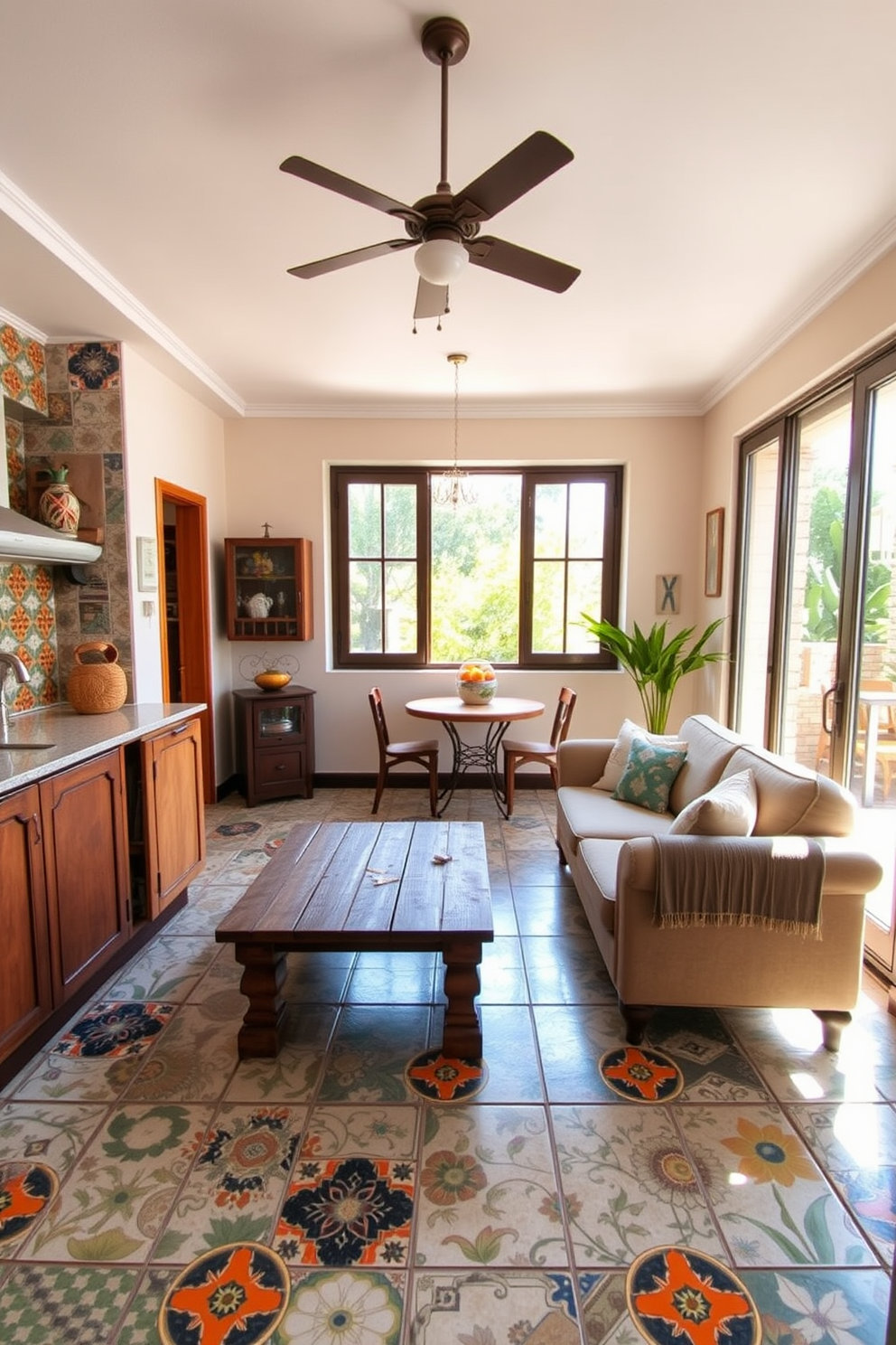 A Mediterranean apartment featuring hand-painted ceramic tiles as decor. The vibrant tiles adorn the kitchen backsplash and accent walls, adding a splash of color and artistry to the space. The living area includes a cozy seating arrangement with a rustic wooden coffee table. Large windows allow natural light to flood the room, highlighting the intricate tile patterns and warm tones throughout.