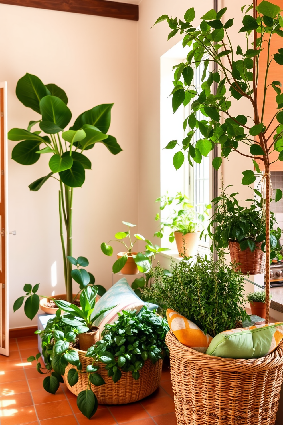 A Mediterranean apartment features an open living space filled with natural light and adorned with lush indoor plants. The vibrant greenery complements the warm terracotta tiles and the soft, earthy tones of the walls, creating a serene and inviting atmosphere. In the corner, a tall fiddle leaf fig tree adds height and drama, while smaller potted herbs like basil and rosemary are placed on the kitchen windowsill. A woven basket holds an assortment of colorful throw pillows, enhancing the cozy and relaxed vibe typical of Mediterranean design.