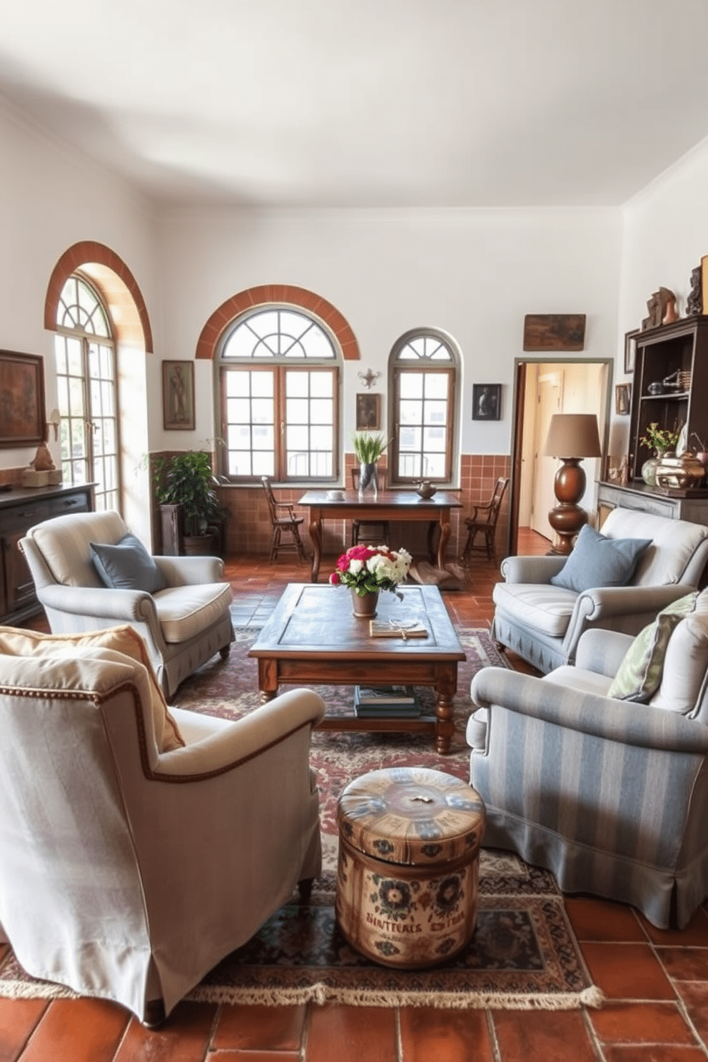 A cozy Mediterranean apartment filled with vintage furniture that showcases a weathered look. The living area features a distressed wooden coffee table surrounded by plush, faded armchairs and a large, patterned area rug. The walls are adorned with rustic art pieces and terracotta tiles, enhancing the warm, inviting atmosphere. Natural light floods in through arched windows, illuminating the space and highlighting the rich textures of the furnishings.