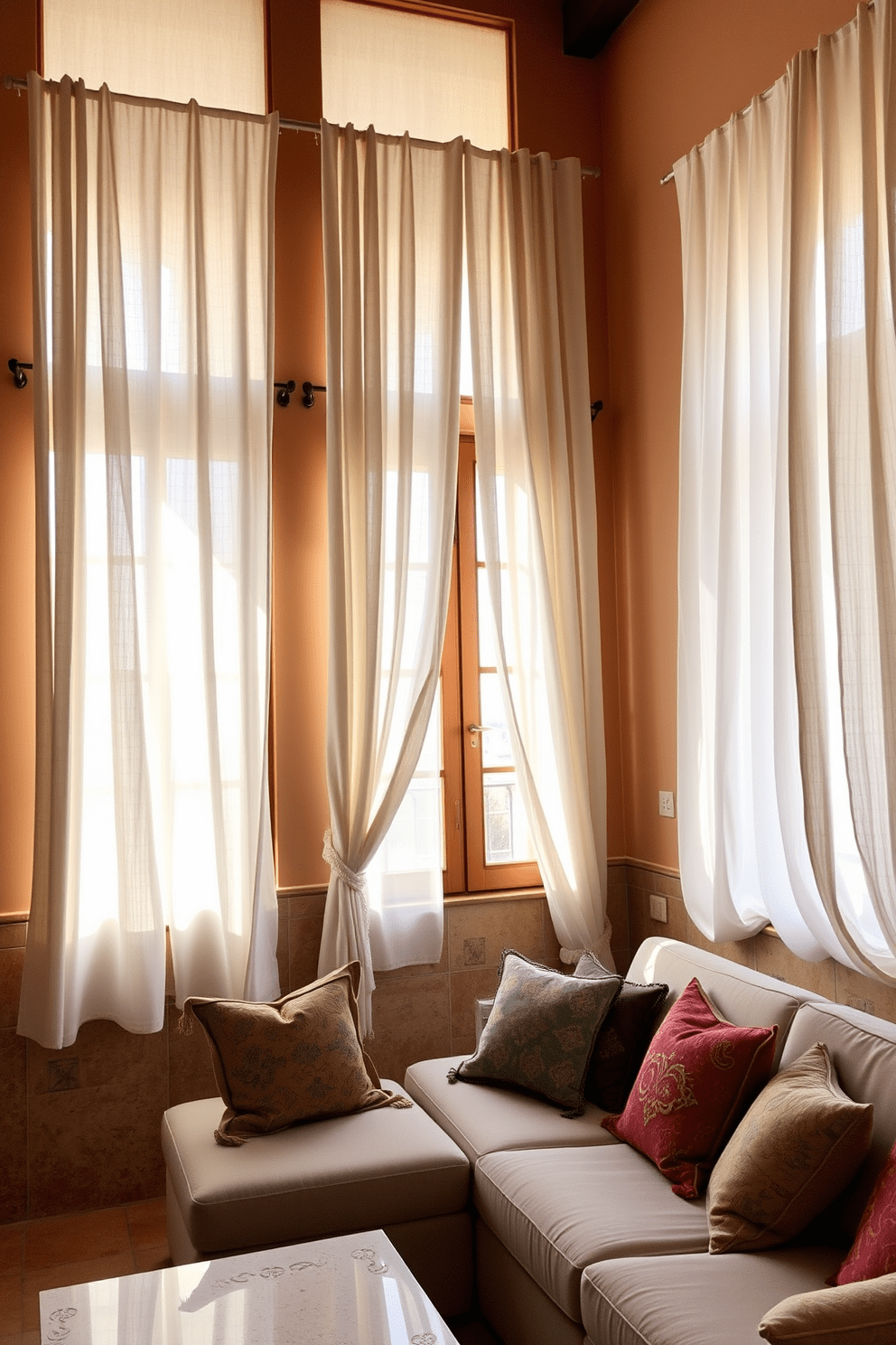 A Mediterranean apartment filled with natural light. Soft linen curtains drape gracefully from tall windows, providing a breezy feel to the space. The walls are adorned with warm earth tones and rustic tiles, creating a cozy atmosphere. A comfortable seating area features a plush sofa and colorful throw pillows, inviting relaxation.