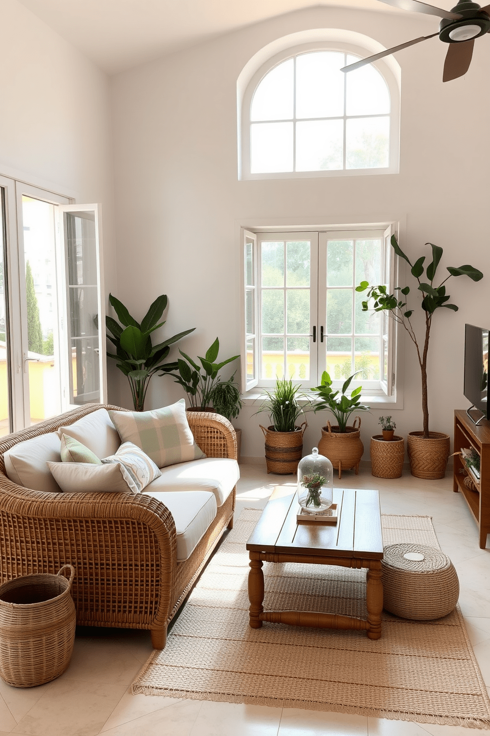 A cozy Mediterranean apartment featuring rattan or wicker furniture that adds warmth and texture to the space. The living area is adorned with soft pastel colors, complemented by large windows that let in abundant natural light. A stylish rattan sofa is paired with a wooden coffee table, creating an inviting seating arrangement. Potted plants and woven baskets are strategically placed around the room to enhance the Mediterranean aesthetic.