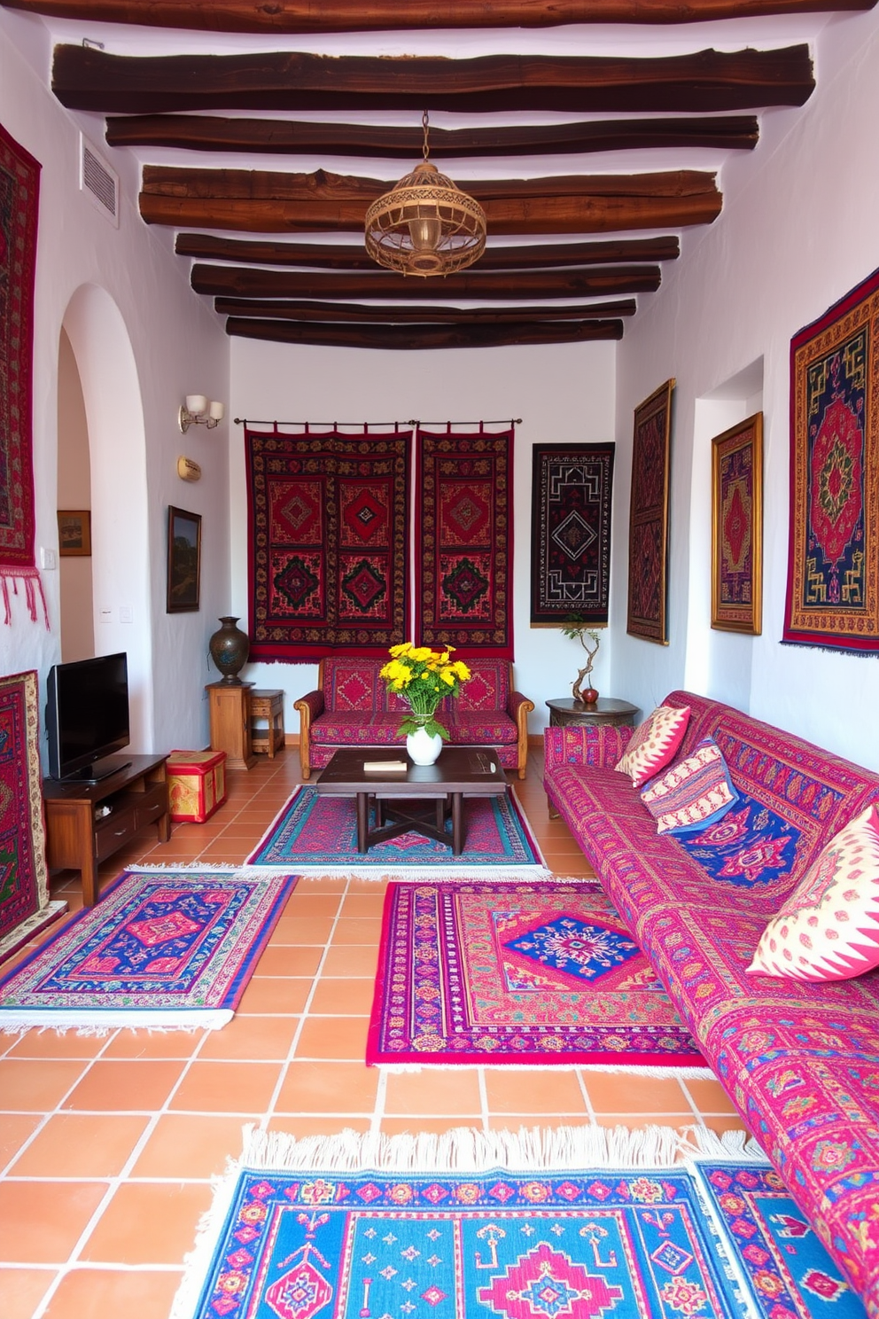 A vibrant Mediterranean apartment filled with colorful rugs featuring traditional patterns. The living area showcases a mix of terracotta tiles and whitewashed walls, creating a warm and inviting atmosphere.