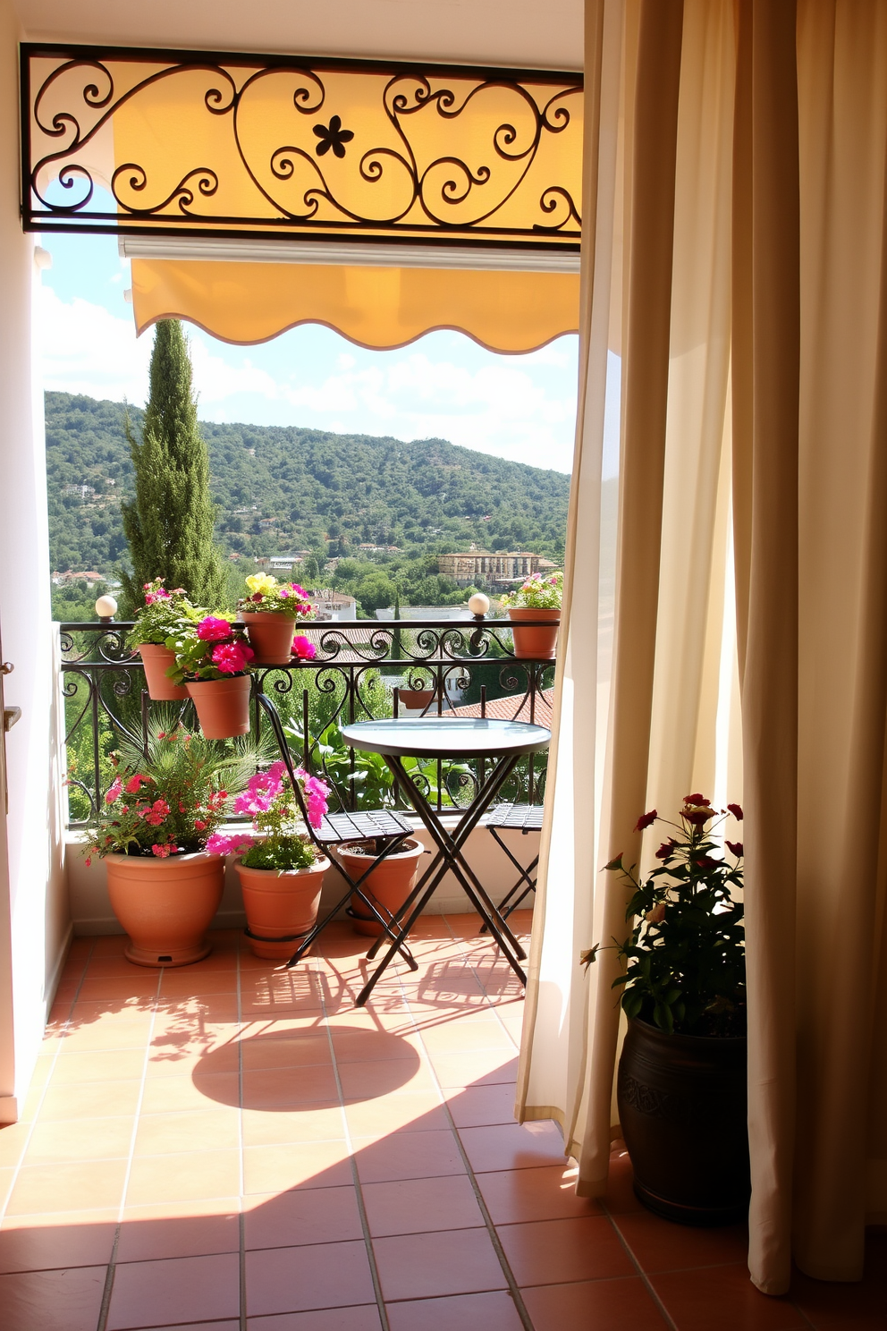 A charming balcony adorned with a wrought iron railing overlooks a vibrant Mediterranean landscape. Potted plants with colorful flowers line the edges, while a small bistro table and two chairs invite relaxation in the warm sun. The floor is tiled with traditional terracotta tiles, enhancing the rustic charm of the space. Soft, flowing curtains are draped to the side, allowing a gentle breeze to pass through and create a serene atmosphere.