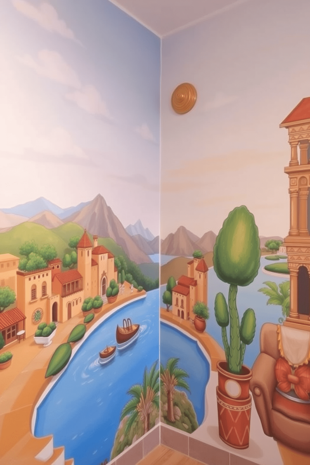 Artistic wall murals depicting vibrant landscapes and cultural motifs adorn the walls of a Mediterranean apartment. The murals feature warm colors and intricate designs that evoke a sense of history and artistry, creating a lively and inviting atmosphere.