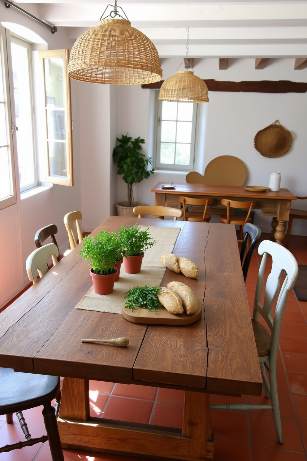 A rustic wooden dining table serves as the centerpiece, surrounded by mismatched chairs that add character. The table is adorned with a simple linen table runner, fresh herbs in terracotta pots, and a collection of artisanal bread on a wooden board. The dining area features warm terracotta tiles and whitewashed walls, creating a cozy Mediterranean ambiance. Large windows allow natural light to flood the space, complemented by hanging pendant lights made of woven rattan.