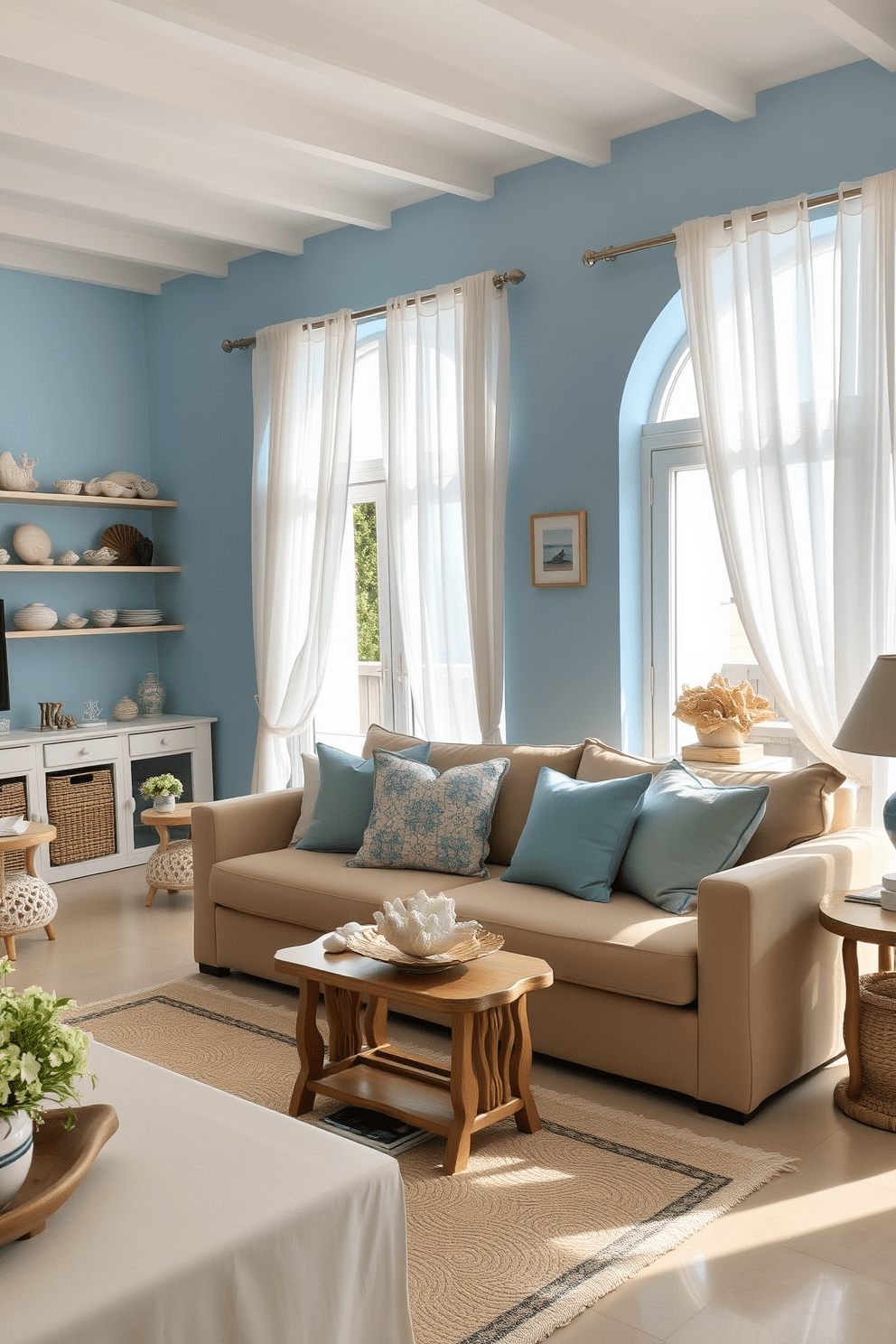 A serene Mediterranean apartment infused with sea-inspired decor. The living area features soft blue walls and natural light streaming through large windows, adorned with sheer white curtains. Shells and coral are artfully arranged on shelves and tabletops, creating a coastal ambiance. A comfortable sofa in sandy beige is complemented by throw pillows in oceanic hues, inviting relaxation and tranquility.