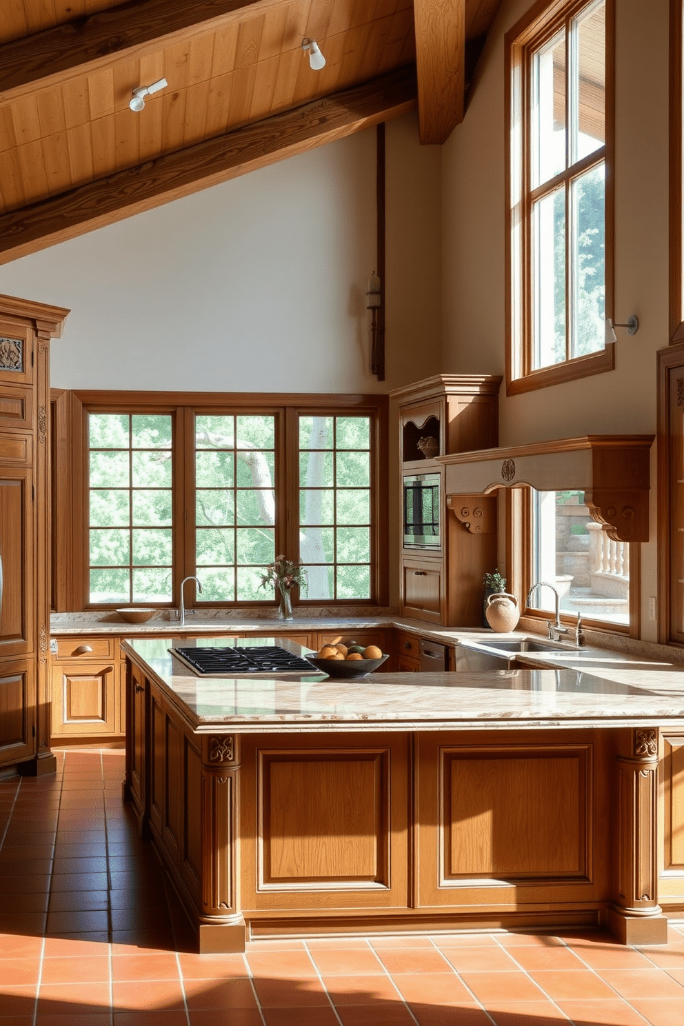 Natural wood cabinetry creates a warm and inviting atmosphere in a Mediterranean kitchen. The cabinetry features intricate carvings and complements the terracotta tile floor, enhancing the rustic charm of the space. Bright, airy spaces are achieved through large windows that let in abundant natural light. The kitchen island, topped with a polished stone surface, serves as a focal point for both cooking and gatherings.