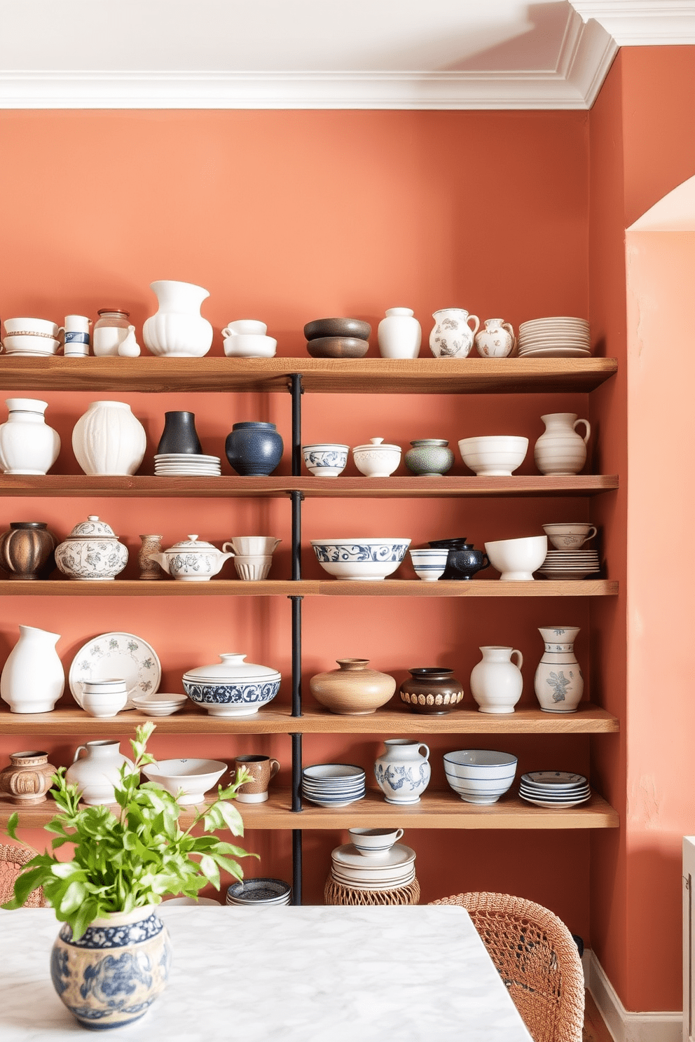 Open shelving elegantly displays a curated collection of ceramics in a bright Mediterranean apartment. The shelves are made of reclaimed wood, adding warmth to the space, while the walls are painted in a soft terracotta hue that complements the ceramics beautifully.