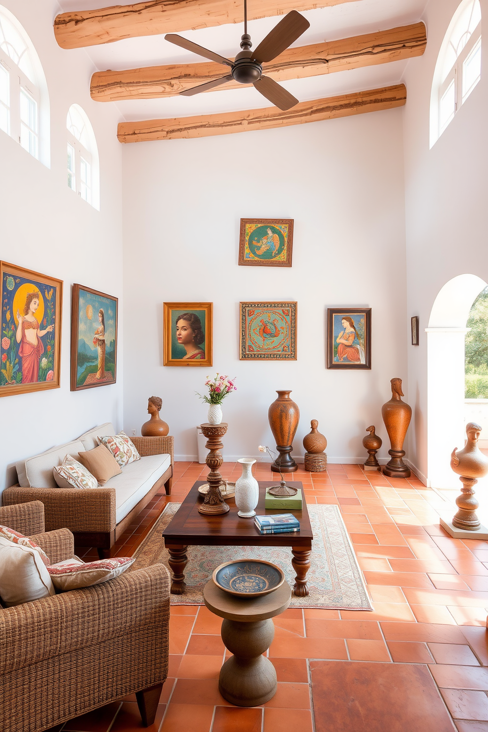 A bright and airy Mediterranean apartment featuring terracotta tiled floors and whitewashed walls. The space is adorned with vibrant art pieces and sculptures that reflect the rich cultural heritage of the Mediterranean region. Large windows allow natural light to flood the room, highlighting the intricate details of the artwork. Cozy seating areas are arranged around a central coffee table, inviting relaxation and conversation.