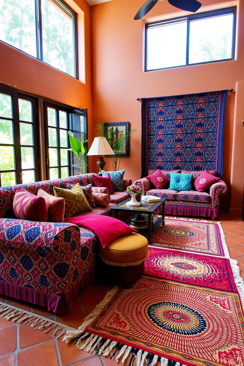 Textiles with bold patterns and colors are used throughout the living space to create a vibrant atmosphere. The furniture features plush sofas adorned with geometric prints, complemented by throw pillows in rich jewel tones. The walls are painted in warm earth tones, enhancing the Mediterranean aesthetic. Large windows allow natural light to flood the room, highlighting the intricate patterns of the woven rugs on the terracotta tiled floor.